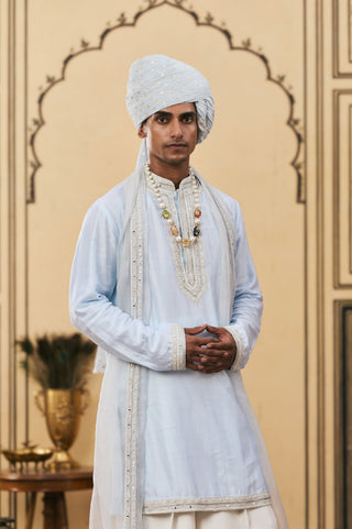 Kurta Set for Indian Wedding - Blue Polki Falsai Chanderi Kurta Set by Itrh at Mrs. G