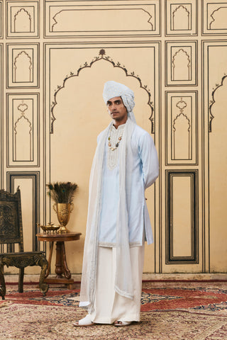 Kurta Set for Indian Wedding - Blue Polki Falsai Chanderi Kurta Set by Itrh at Mrs. G
