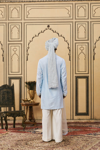 Kurta Set for Indian Wedding - Blue Polki Falsai Chanderi Kurta Set by Itrh at Mrs. G