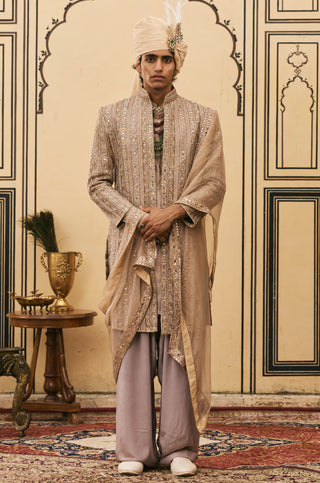 Kurta Jacket Set for Indian Wedding - Brown Polki Saanjh Open Jacket Set by Itrh at Mrs. G