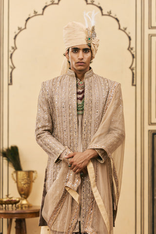 Kurta Jacket Set for Indian Wedding - Brown Polki Saanjh Open Jacket Set by Itrh at Mrs. G
