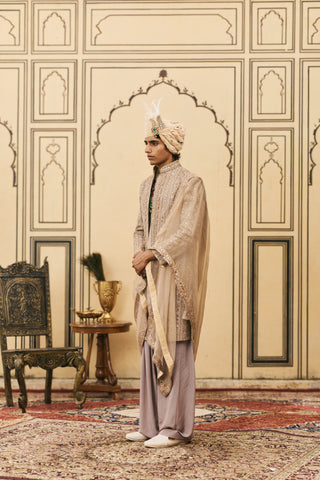 Kurta Jacket Set for Indian Wedding - Brown Polki Saanjh Open Jacket Set by Itrh at Mrs. G