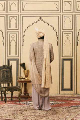 Kurta Jacket Set for Indian Wedding - Brown Polki Saanjh Open Jacket Set by Itrh at Mrs. G