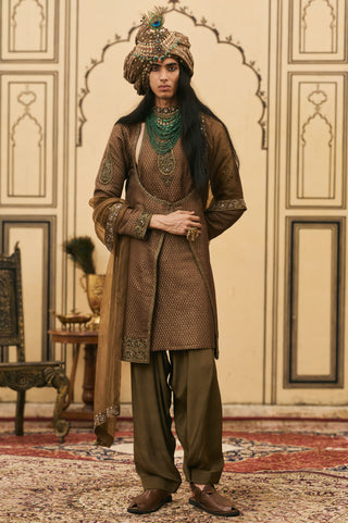 Angrakha Set for Indian Wedding - Brown Polki Zaitooni-bhoora Brocade Angrakha Set by Itrh at Mrs. G