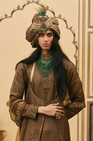 Angrakha Set for Indian Wedding - Brown Polki Zaitooni-bhoora Brocade Angrakha Set by Itrh at Mrs. G