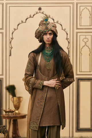 Angrakha Set for Indian Wedding - Brown Polki Zaitooni-bhoora Brocade Angrakha Set by Itrh at Mrs. G