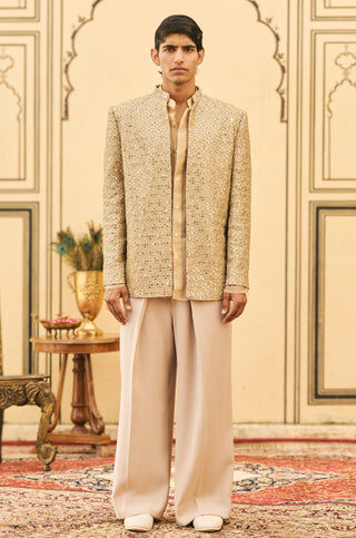 Bandhgala Set for Indian Wedding - Gold Polki Sunhera Organza Bandhgala Set by Itrh at Mrs. G