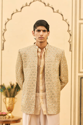 Bandhgala Set for Indian Wedding - Gold Polki Sunhera Organza Bandhgala Set by Itrh at Mrs. G