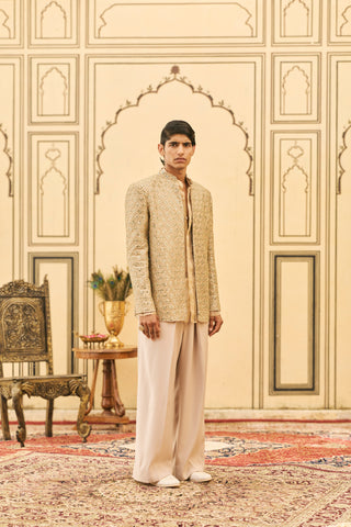 Bandhgala Set for Indian Wedding - Gold Polki Sunhera Organza Bandhgala Set by Itrh at Mrs. G