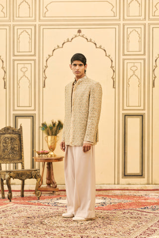 Bandhgala Set for Indian Wedding - Gold Polki Sunhera Organza Bandhgala Set by Itrh at Mrs. G