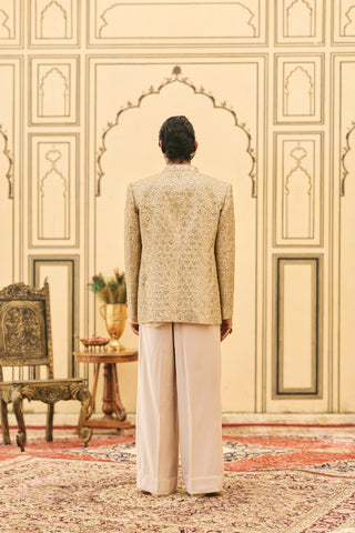 Bandhgala Set for Indian Wedding - Gold Polki Sunhera Organza Bandhgala Set by Itrh at Mrs. G