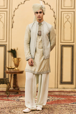 Kurta Bundi Set for Indian Wedding - Gray Polki Jalabha Raw Silk Kurta Bundi Set by Itrh at Mrs. G