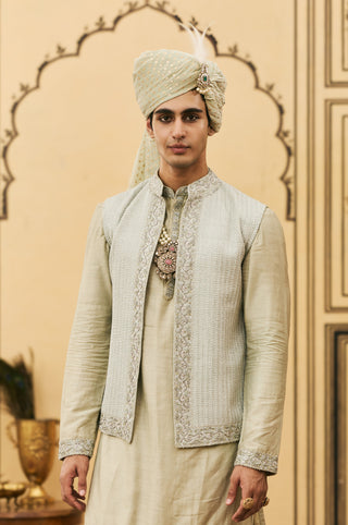 Kurta Bundi Set for Indian Wedding - Gray Polki Jalabha Raw Silk Kurta Bundi Set by Itrh at Mrs. G
