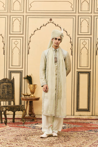 Kurta Bundi Set for Indian Wedding - Gray Polki Jalabha Raw Silk Kurta Bundi Set by Itrh at Mrs. G