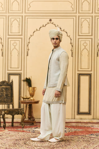 Kurta Bundi Set for Indian Wedding - Gray Polki Jalabha Raw Silk Kurta Bundi Set by Itrh at Mrs. G