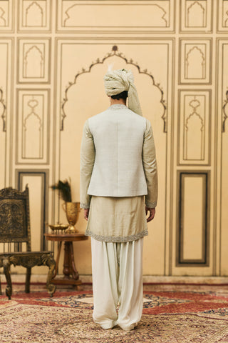 Kurta Bundi Set for Indian Wedding - Gray Polki Jalabha Raw Silk Kurta Bundi Set by Itrh at Mrs. G