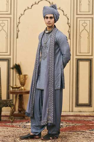 Tussar Kurta Set for Indian Wedding - Gray Polki Sheeshai Tussar Silk Kurta Set by Itrh at Mrs. G