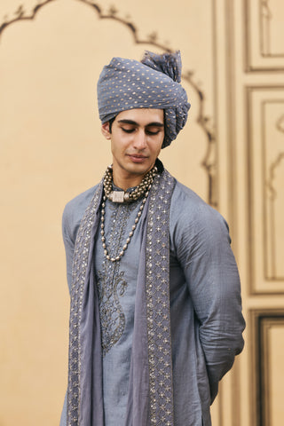 Tussar Kurta Set for Indian Wedding - Gray Polki Sheeshai Tussar Silk Kurta Set by Itrh at Mrs. G
