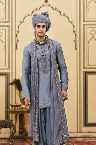 Tussar Kurta Set for Indian Wedding - Gray Polki Sheeshai Tussar Silk Kurta Set by Itrh at Mrs. G