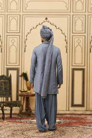 Tussar Kurta Set for Indian Wedding - Gray Polki Sheeshai Tussar Silk Kurta Set by Itrh at Mrs. G