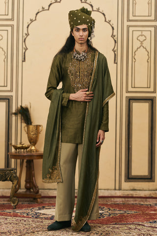 Chanderi Kurta Set for Indian Wedding - Green Polki Sabz Chanderi Kurta Set by Itrh at Mrs. G