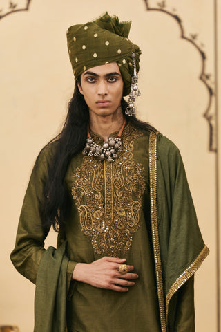 Chanderi Kurta Set for Indian Wedding - Green Polki Sabz Chanderi Kurta Set by Itrh at Mrs. G