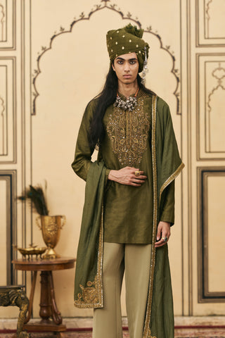 Chanderi Kurta Set for Indian Wedding - Green Polki Sabz Chanderi Kurta Set by Itrh at Mrs. G
