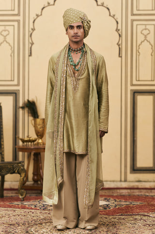 Chanderi Kurta Set for Indian Wedding - Green Polki Zaitooni Chanderi Kurta Set by Itrh at Mrs. G