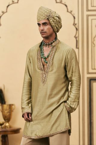 Chanderi Kurta Set for Indian Wedding - Green Polki Zaitooni Chanderi Kurta Set by Itrh at Mrs. G