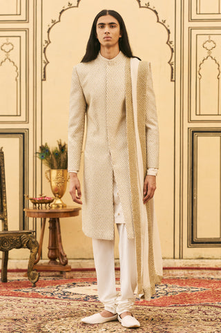 Brocade Sherwani for Indian Wedding - Ivory Polki Haimavati Brocade Sherwani Set by Itrh at Mrs. G