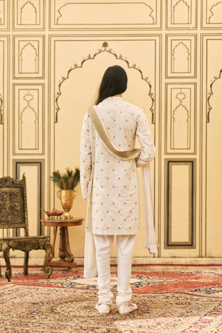 Brocade Sherwani for Indian Wedding - Ivory Polki Haimavati Brocade Sherwani Set by Itrh at Mrs. G