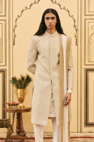 Brocade Sherwani for Indian Wedding - Ivory Polki Haimavati Brocade Sherwani Set by Itrh at Mrs. G