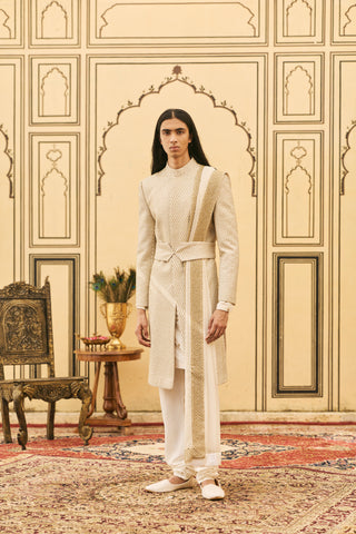 Brocade Sherwani for Indian Wedding - Ivory Polki Haimavati Brocade Sherwani Set by Itrh at Mrs. G