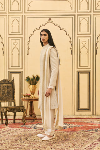 Brocade Sherwani for Indian Wedding - Ivory Polki Haimavati Brocade Sherwani Set by Itrh at Mrs. G