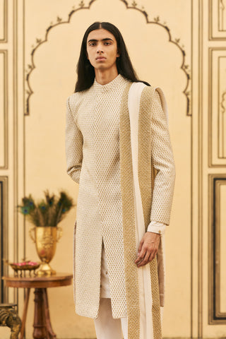 Brocade Sherwani for Indian Wedding - Ivory Polki Haimavati Brocade Sherwani Set by Itrh at Mrs. G