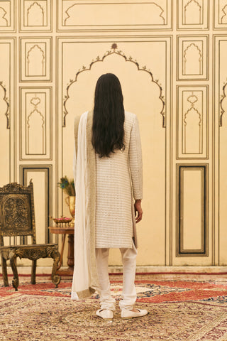 Brocade Sherwani for Indian Wedding - Ivory Polki Haimavati Brocade Sherwani Set by Itrh at Mrs. G