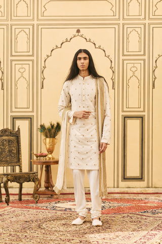 Brocade Sherwani for Indian Wedding - Ivory Polki Haimavati Brocade Sherwani Set by Itrh at Mrs. G