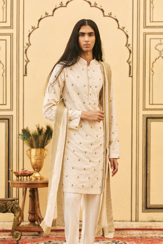 Brocade Sherwani for Indian Wedding - Ivory Polki Haimavati Brocade Sherwani Set by Itrh at Mrs. G