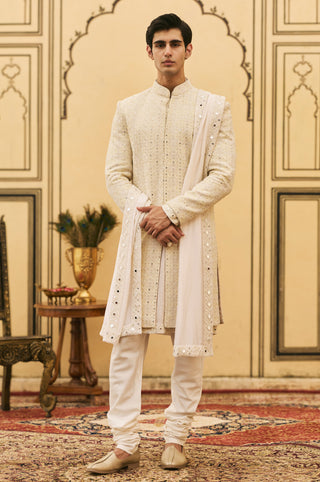 Chikankari Sherwani for Indian Wedding - Ivory Polki Sheetal Chikankari Sherwani Set by Itrh at Mrs. G