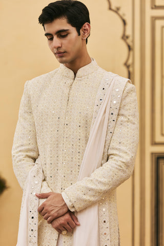 Chikankari Sherwani for Indian Wedding - Ivory Polki Sheetal Chikankari Sherwani Set by Itrh at Mrs. G