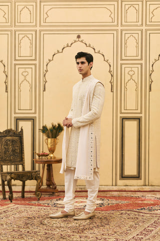 Chikankari Sherwani for Indian Wedding - Ivory Polki Sheetal Chikankari Sherwani Set by Itrh at Mrs. G