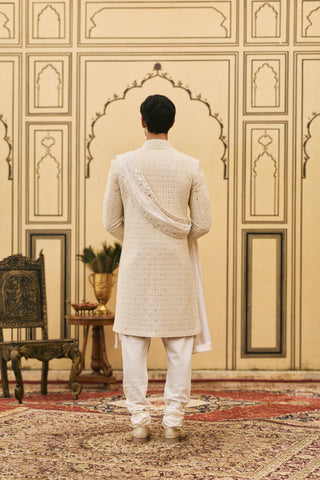 Chikankari Sherwani for Indian Wedding - Ivory Polki Sheetal Chikankari Sherwani Set by Itrh at Mrs. G