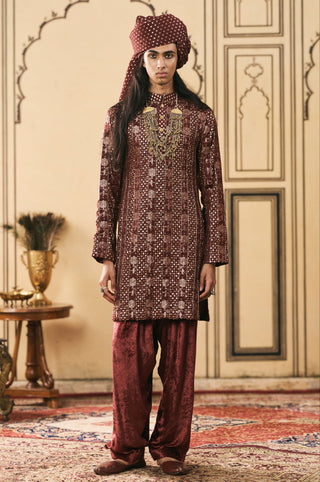 Brocade Kurta Set for Indian Wedding - Maroon Polki Maroonya Chanderi Brocade Velvet Kurta Set by Itrh at Mrs. G