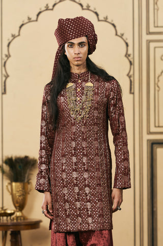 Brocade Kurta Set for Indian Wedding - Maroon Polki Maroonya Chanderi Brocade Velvet Kurta Set by Itrh at Mrs. G