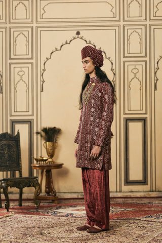 Brocade Kurta Set for Indian Wedding - Maroon Polki Maroonya Chanderi Brocade Velvet Kurta Set by Itrh at Mrs. G