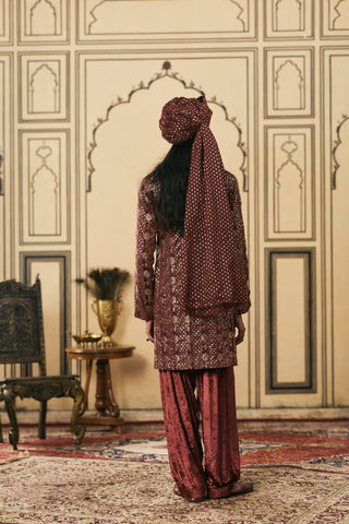 Brocade Kurta Set for Indian Wedding - Maroon Polki Maroonya Chanderi Brocade Velvet Kurta Set by Itrh at Mrs. G
