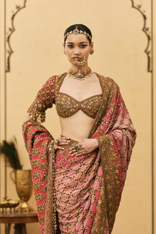 Ombre Saree for Indian Wedding - Pink Polki Gulrukh Ombre Saree Set by Itrh at Mrs. G