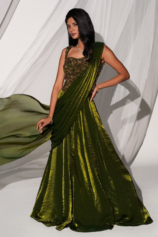 Three-quarter view of the sheer drape rising from the skirt waist over the shoulder by Kiyohra at Mrs. G