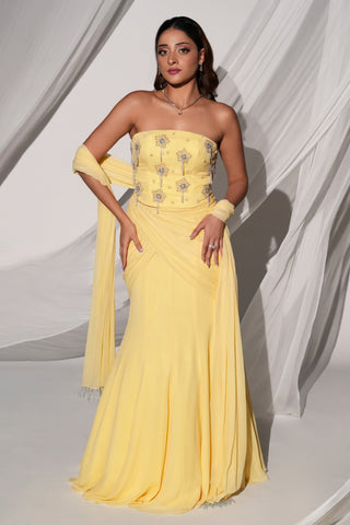 Full-length front view of the draped fishtail skirt with sheer dupatta over the arms by Kiyohra at Mrs. G