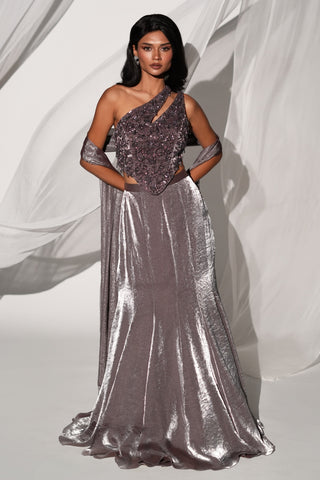 Full-length front view of the metallic fishtail skirt with the dupatta draped behind the arms by Kiyohra at Mrs. G